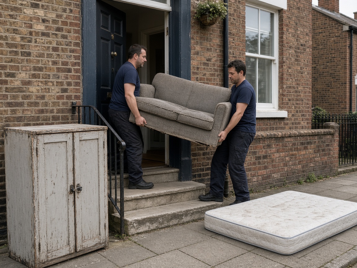 Two workers carrying an old sofa out of a house